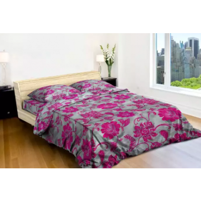 King Size Pink Flower printed Grey Beds Sheet With 2 Pillow Cover And 1 Blanket Cover